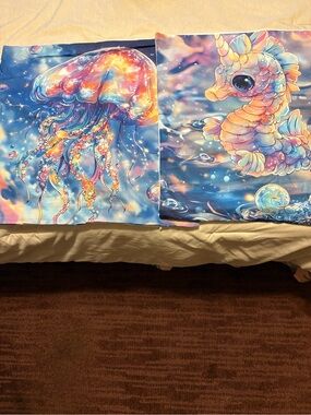 Ocean Fantasy Jellyfish & Seahorse Decorative Pillow Covers in Multicolor Blue
